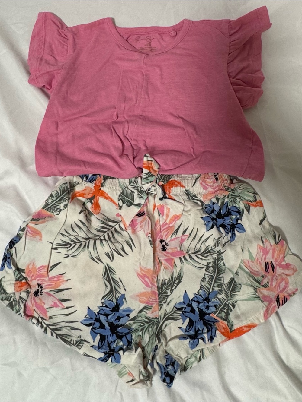 Jessica Simpson Pink Top with White Tropical Floral High-Waist Shorts